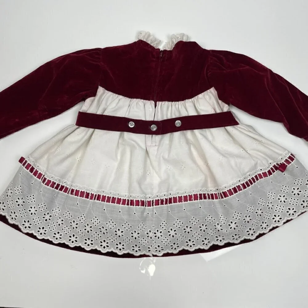 Vintage R-Gee Baby Maroon Velvet and White Eyelet Lace Christmas Dress Size 12M